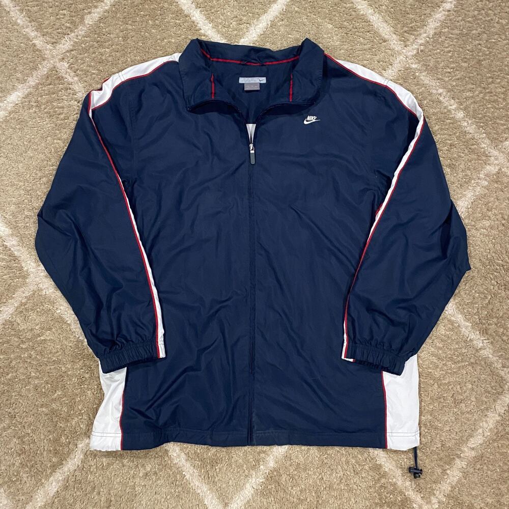 Mens Vintage Nike Windbreaker Track Jacket Navy Blue White Red Full Zip Size XXL